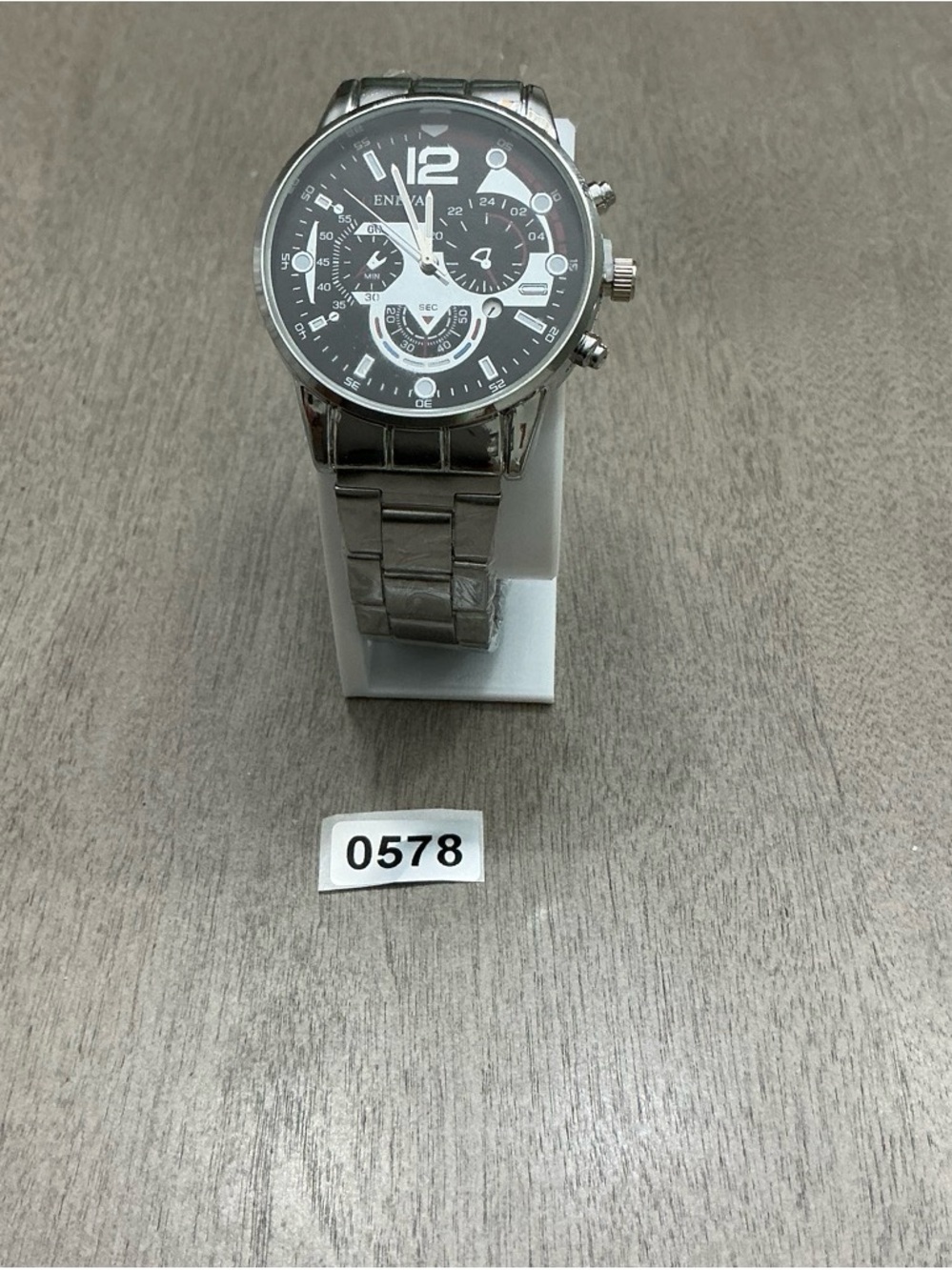 Men's Chronograph Analog Wristwatch Silver Metal Band Black Dial Date 24-Hour